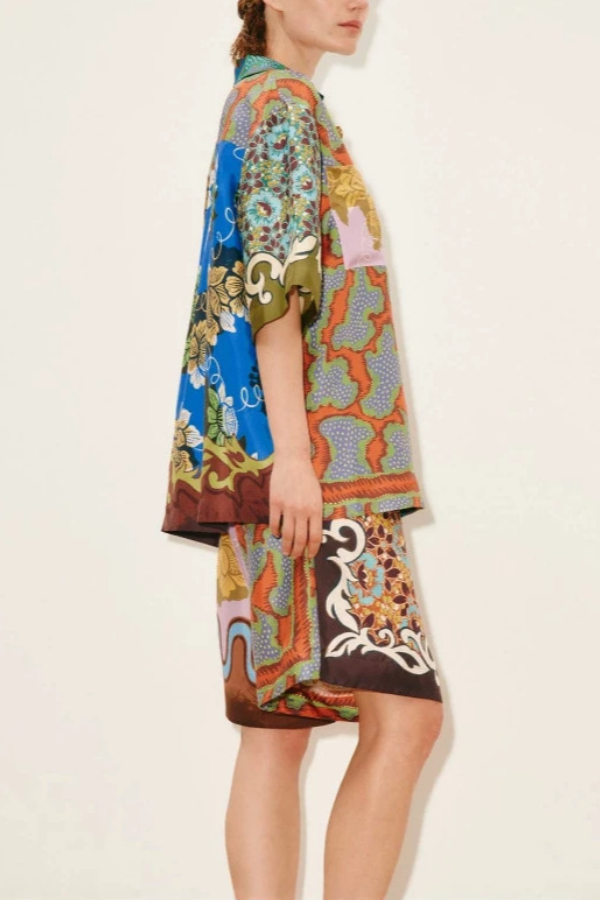 Retro Color‑Block Print Shirt & Shorts Two‑Piece Set