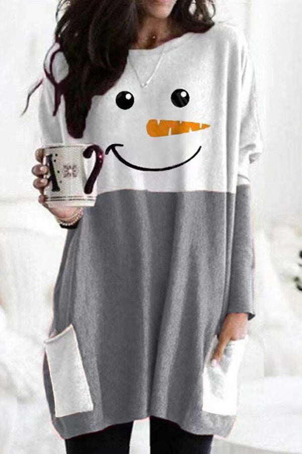 Snowman Print Long Sleeve Pocket Pullover Mini Dress 3