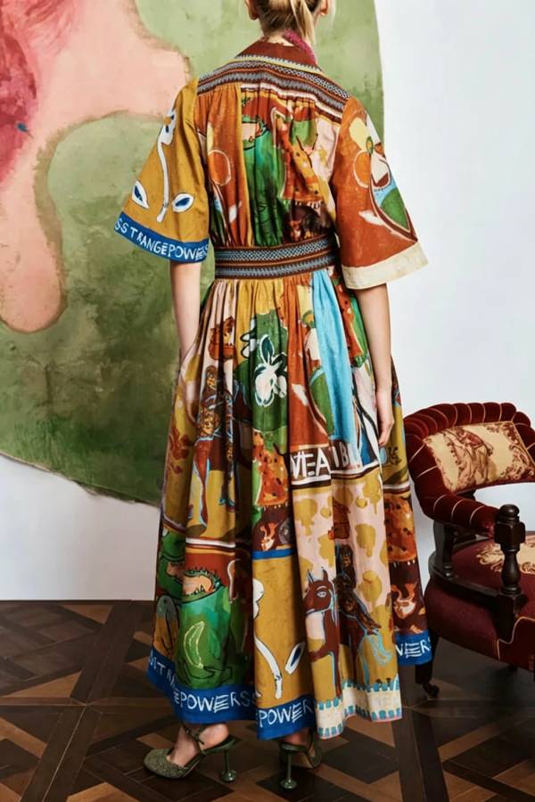 Vintage-Style Multi-Color Print Shirt Maxi Dress