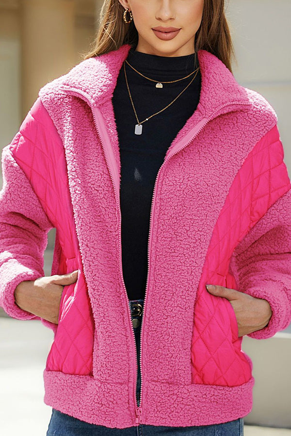 Fashion long sleeve cardigan zipper plush patchwork women's jacket Pink M