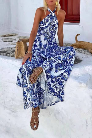 Blue-and-White Porcelain Print Halter Open-Back Waisted Maxi Dress