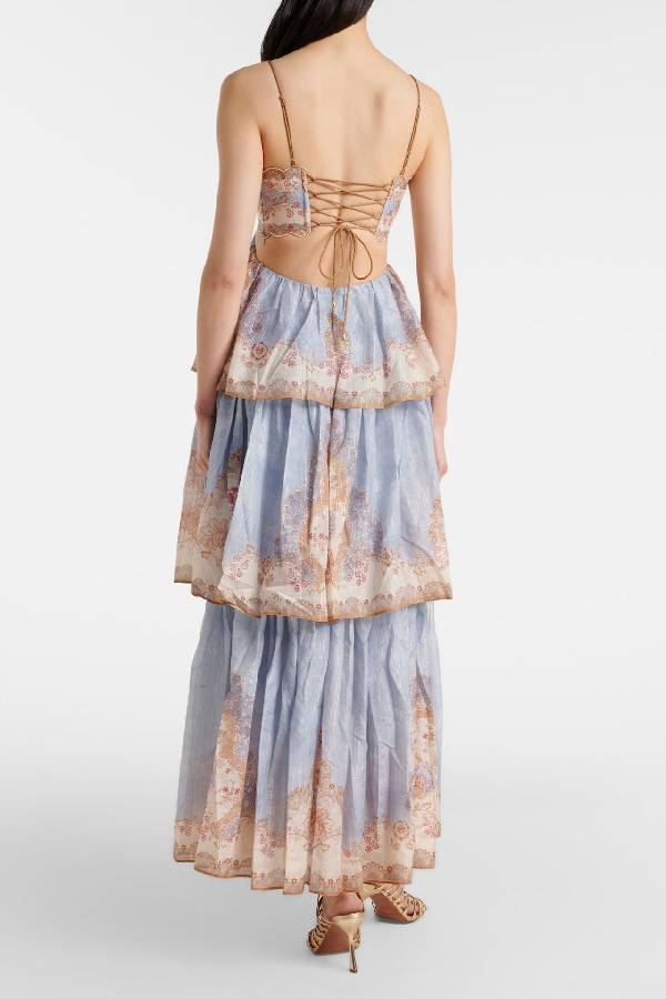 Vintage Paisley Print Lace-Up Backless Tiered Maxi Dress