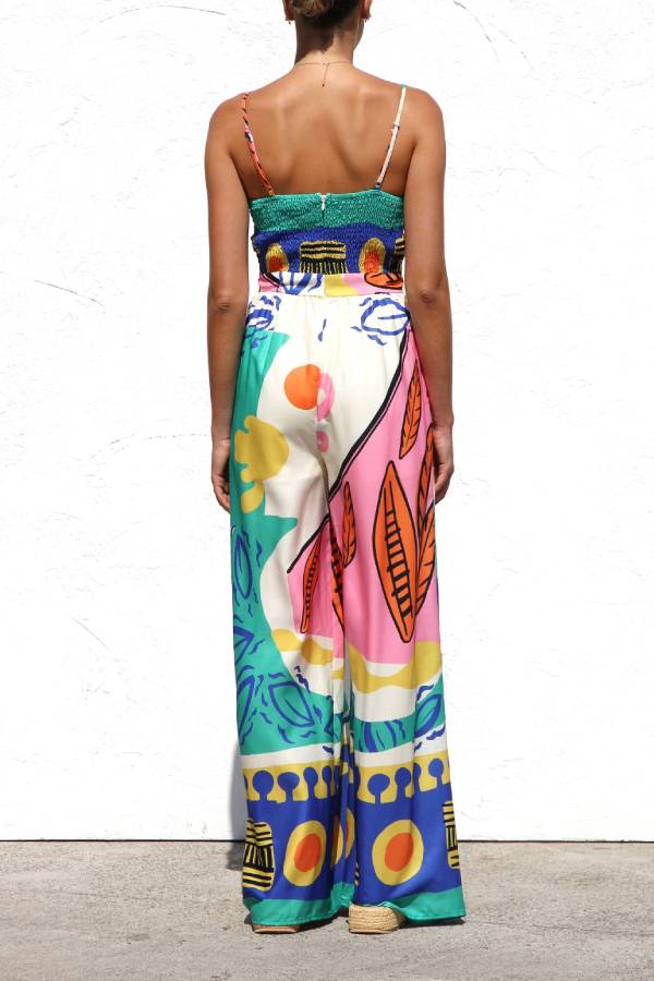 Unique Printed Back Pleated Suspenders Loose Pocket Wide-leg Jumpsuit