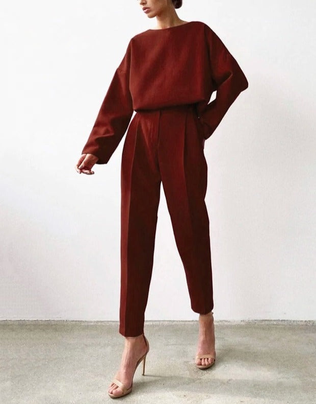 GINNA TOP & PANTS wine red sets
