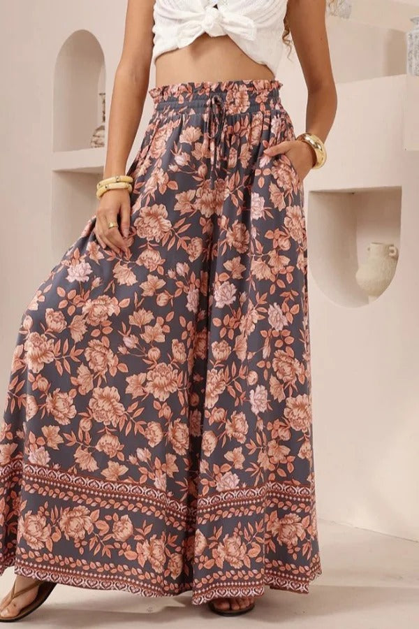 Floral Print Casual Elastic Waist Pocket Loose Wide-leg Pants