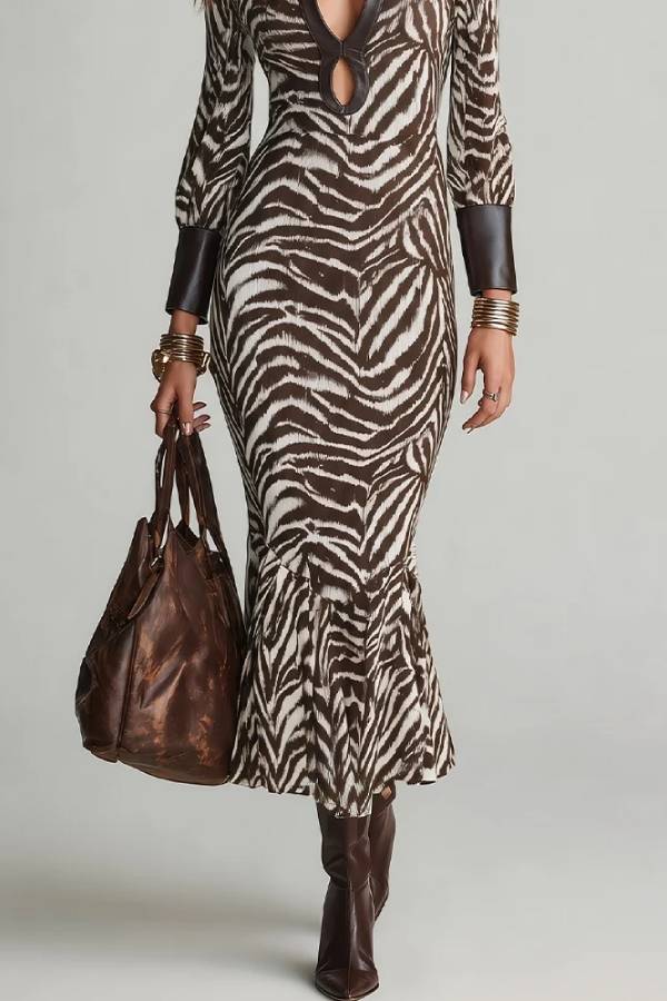 Brown Zebra-Print Cut-Out Keyhole Neck Maxi Dress