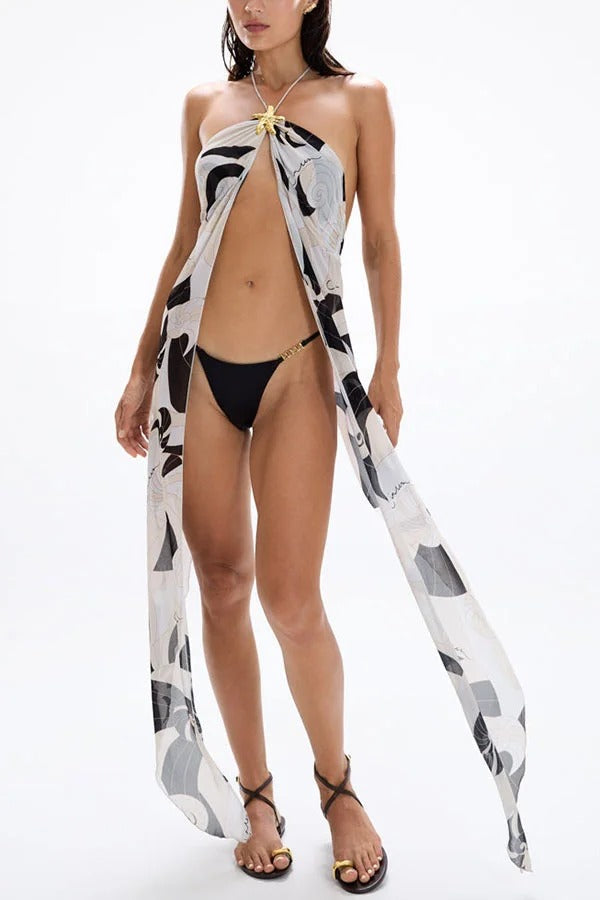 Adrenia Unique Print Metal Starfish Front Slit Halter Tank and Elastic Waist Loose Pants Set