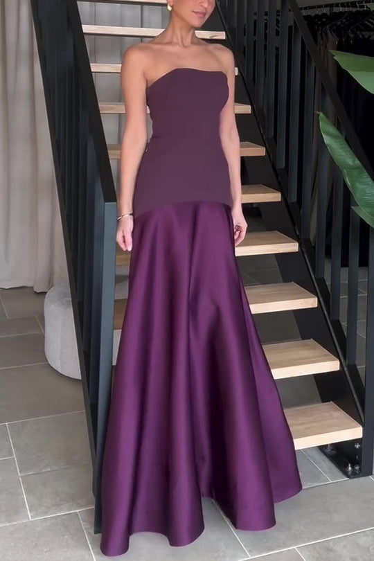 Timeless Elegance Satin Patchwork Strapless Flare Gown Maxi Dress Purple