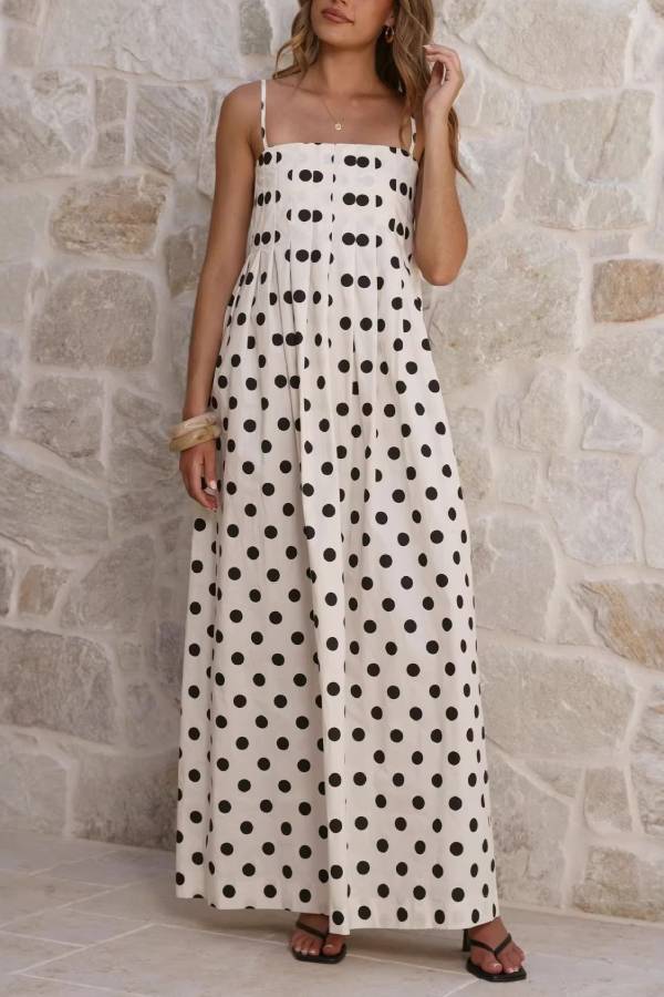 Polka Dot Print Square Neck Gathered Slip Maxi Dress