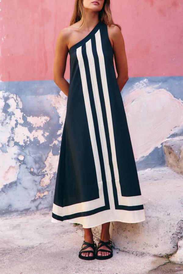Grace Linen Blend Contrast Color Lines One Shoulder A-line Midi Dress