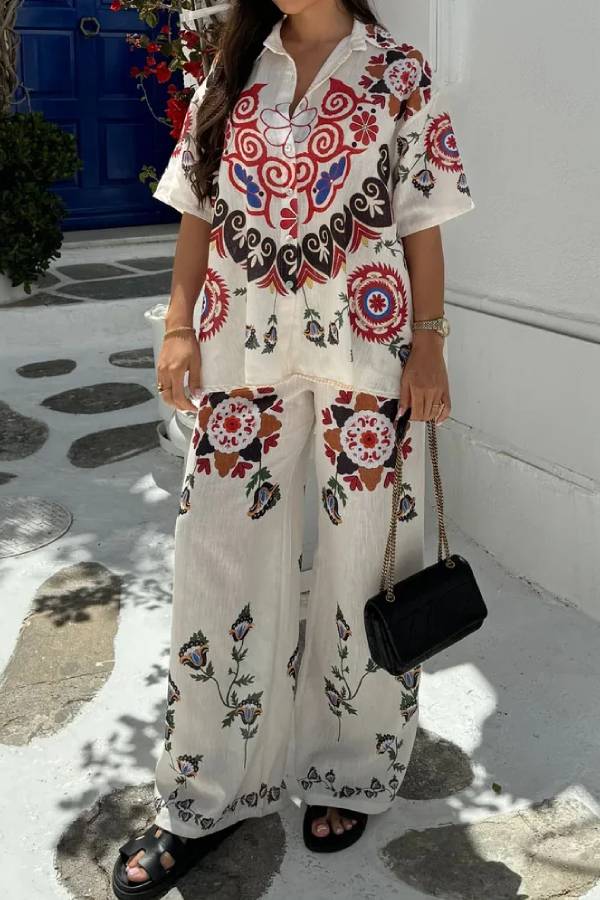 Fashion Printed Lar Shirt & Pants Two-Piece Set White