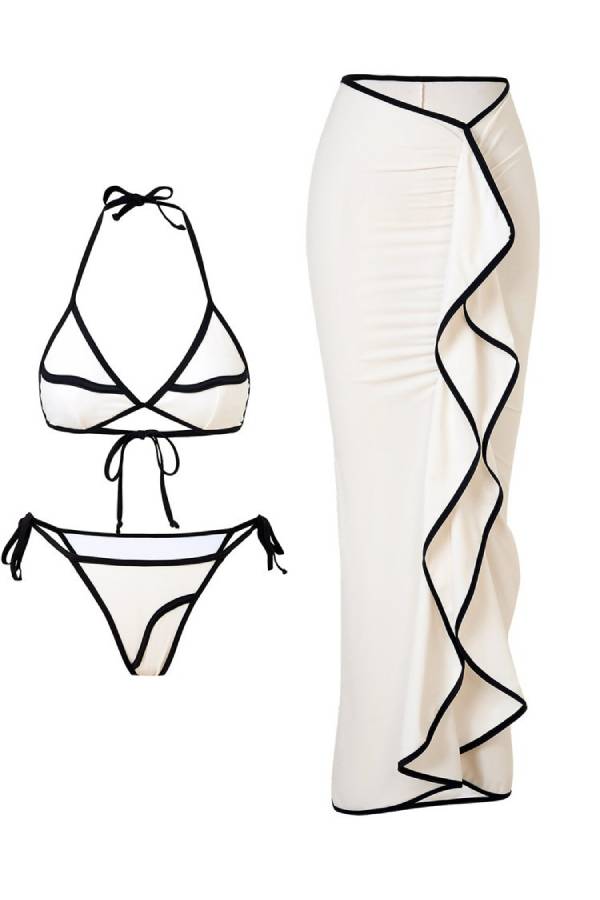 Color-Blocked Trim Halter Triangle Bikini with Ruffle Slit Cover-Up Skirt 3-Piece Set