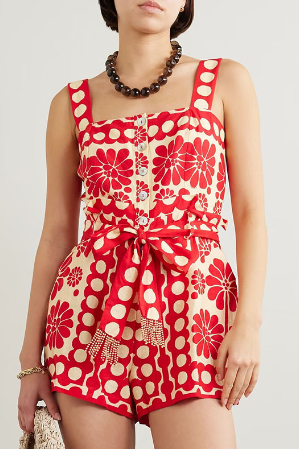 Printed Tie-Waist Sleeveless Suspender Jumpsuit Red