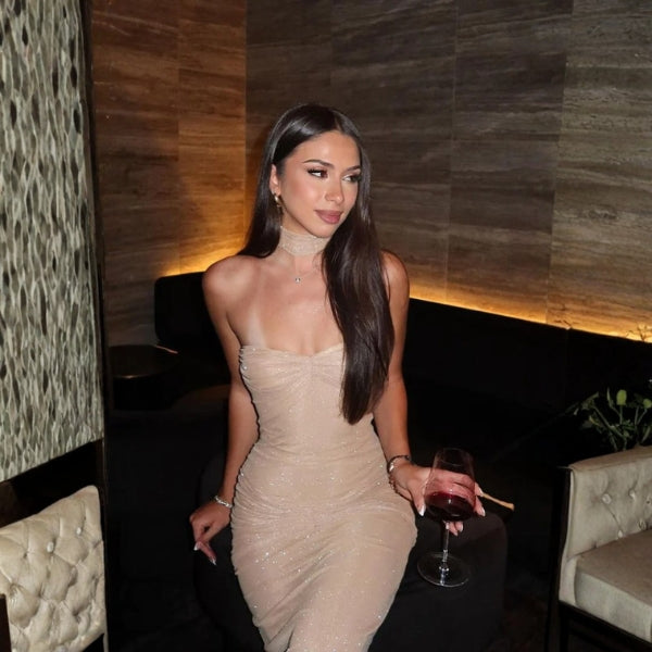 The Monaco Luminescence Evening Draped Maxi Strapless Dress