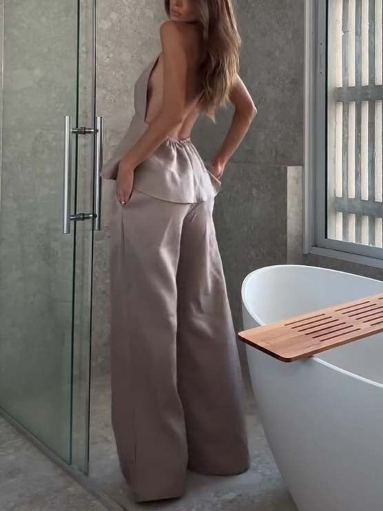 Elegant Halter Neck Lace-up Top And Wide Leg Pants Suit-Top