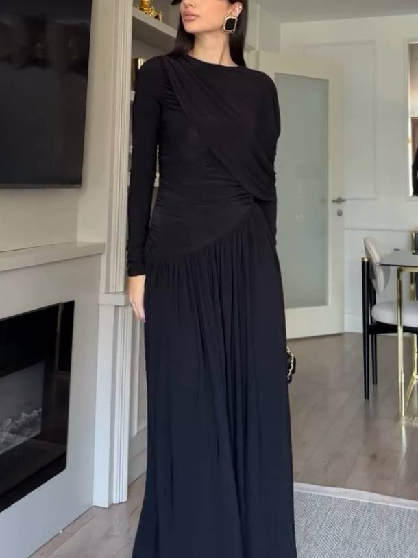 Irregular Shawl Pleated Maxi Dress