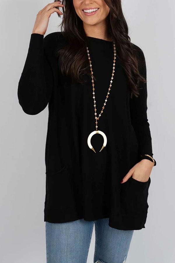 Winter Melodies Knit Crew Neck Front Pockets Oversized Sweater Black