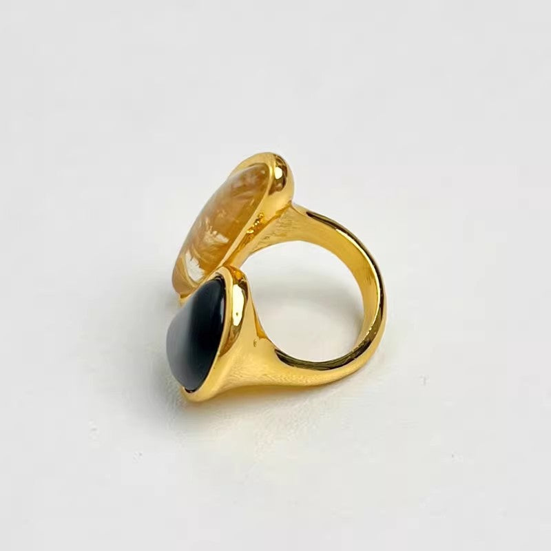 Vintage Two-Tone Natural Stone Open Ring Geometric Contrast Irregular Wide Statement Band