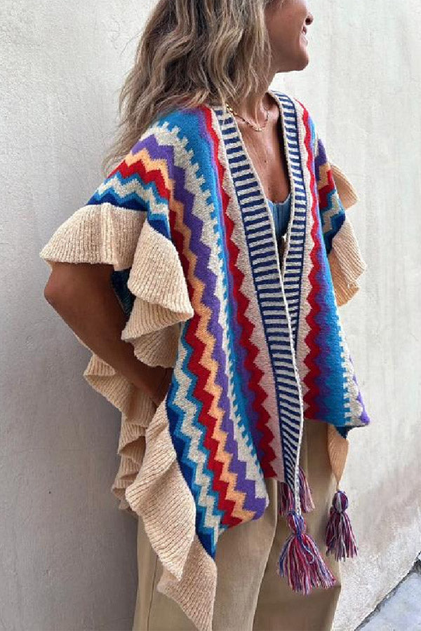 Ruffled ethnic style knitted cardigan Blue