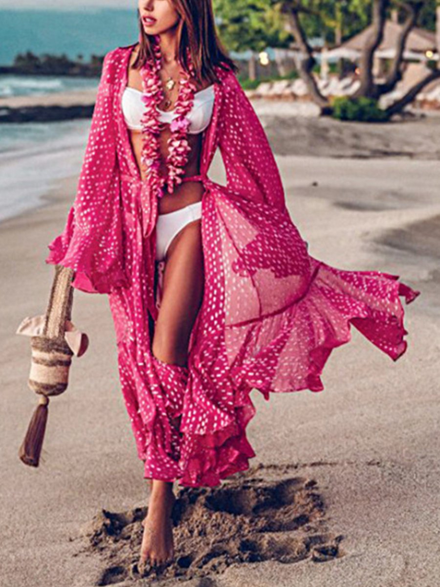 Polka Dot Print Ruffled Long Sleeve Cardigan Beach Holiday Bikini Cover Rose Red One Size