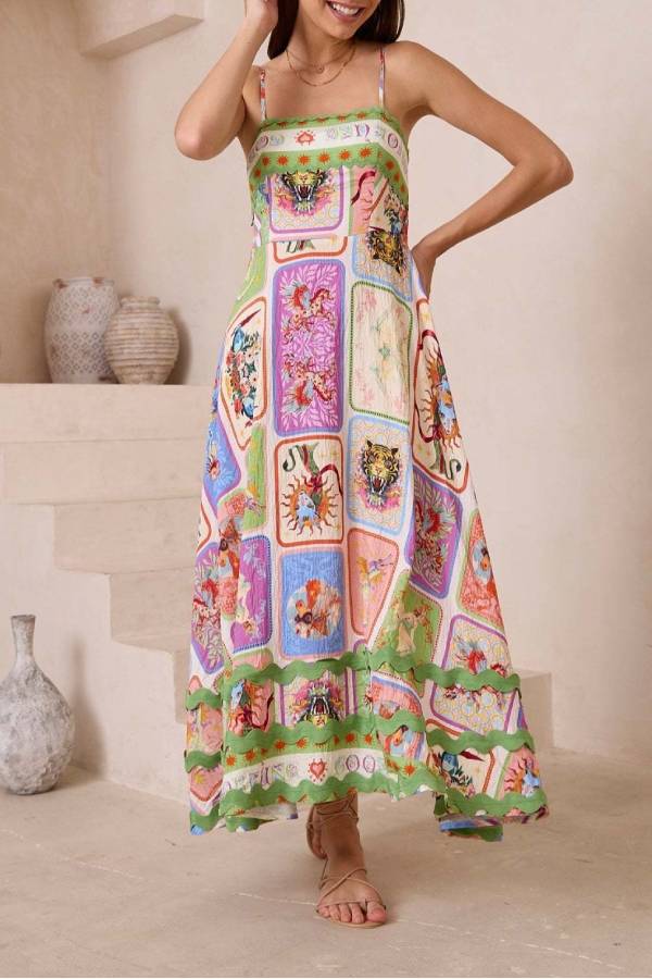 Sleeveless Lace Dress with Sling Print Resort Style Multicolor