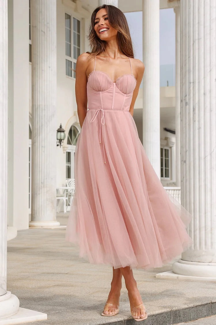 Cherley Tulle Corset Backless Prom Midi Dresses Pink