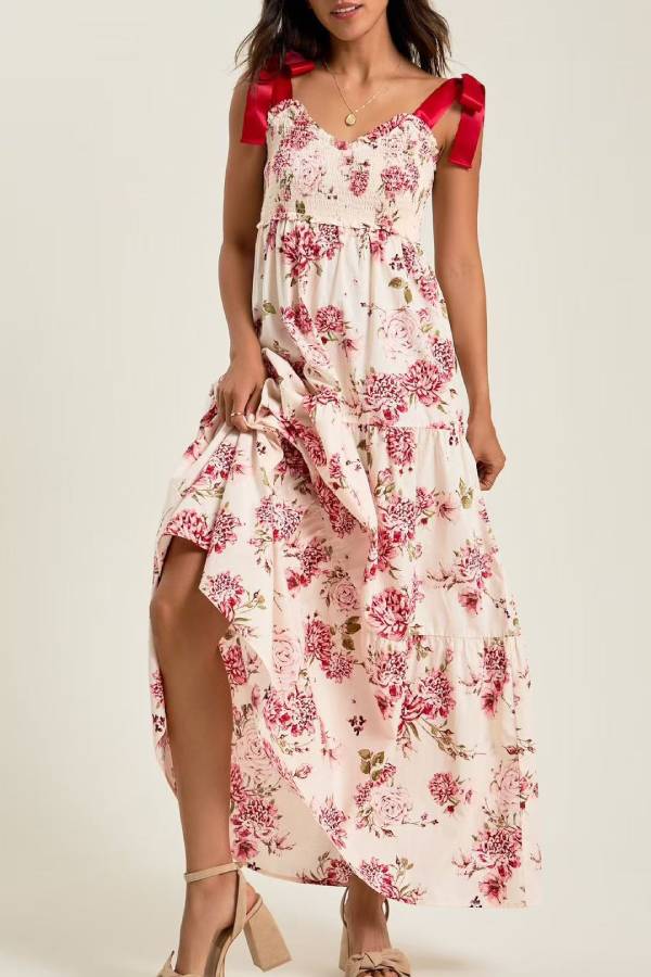 Retro print bow-strap long dress