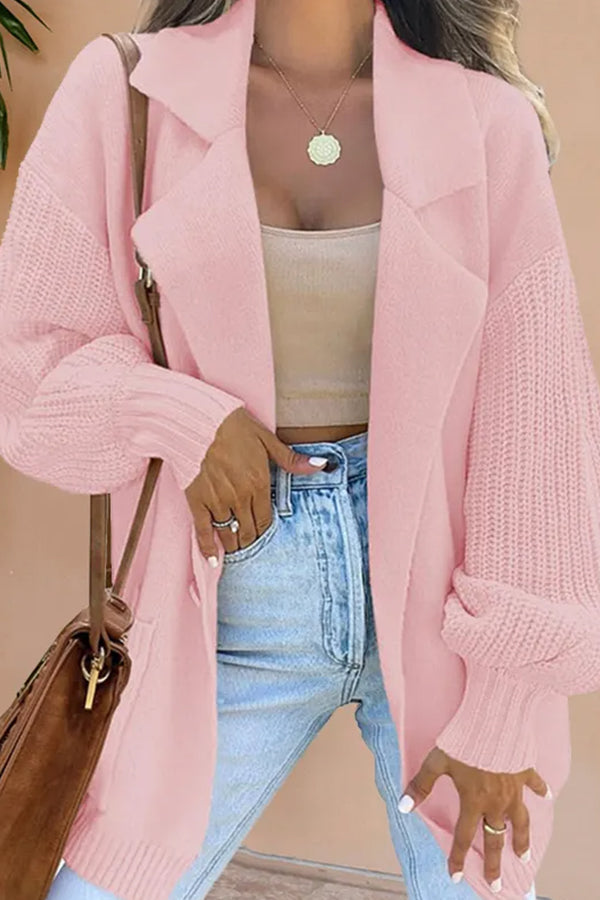 Women's Suit Collar Knitted Patchwork Woolen Jacket Pink
