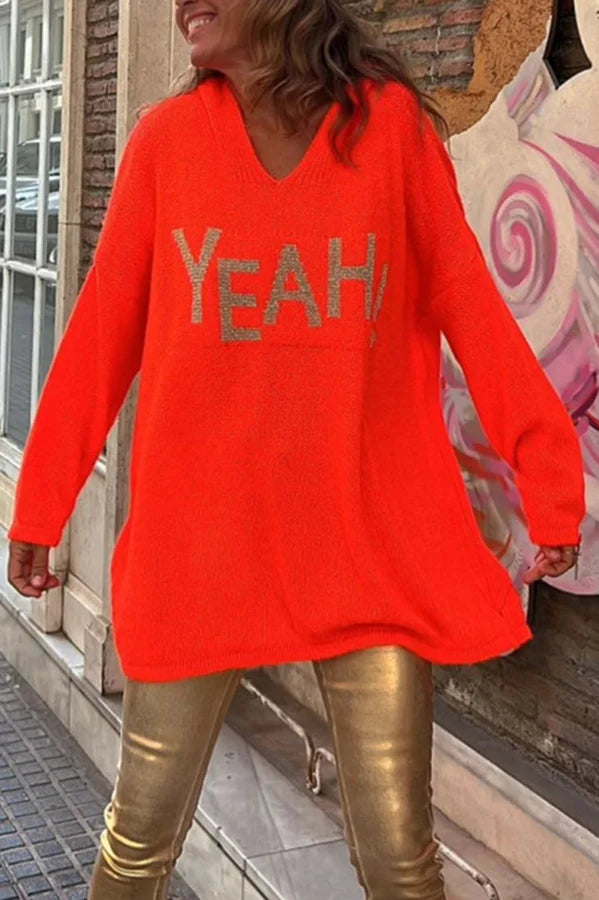 Autumn Full of Surprises Knit Yeah Pattern Loose Hooded Sweater Orange