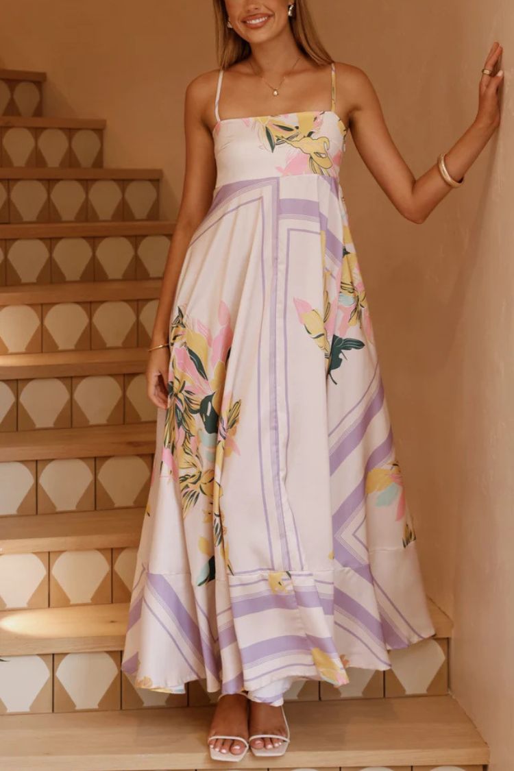 Botanical Print Square Neck Suspender Casual Full Hem Maxi Dress