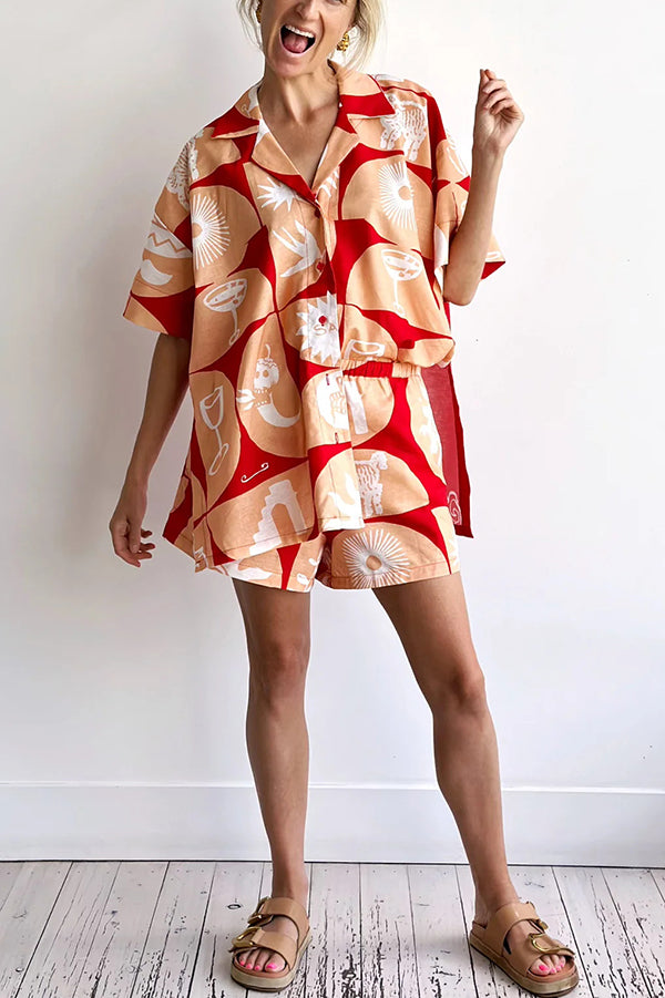 Linen Blend Unique Printed Shirt Top and Elastic Waisted Loose Pocket Shorts Set Red