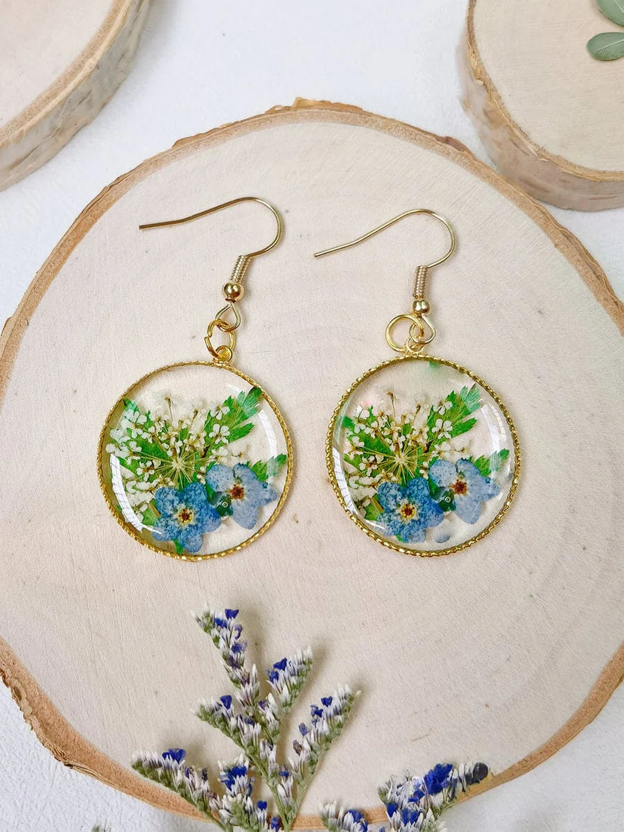 Resin Pressed Flower Earrings - Forest Forget Me Not Gold one size
