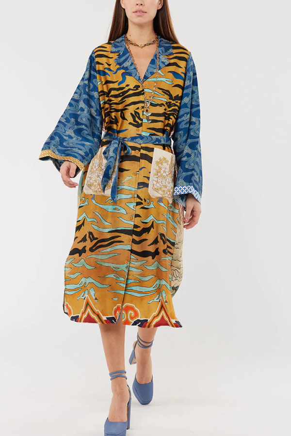 Tropical Jungle Tiger Unique Print Long Sleeve Belt Pocketed Kimono Coat Blue
