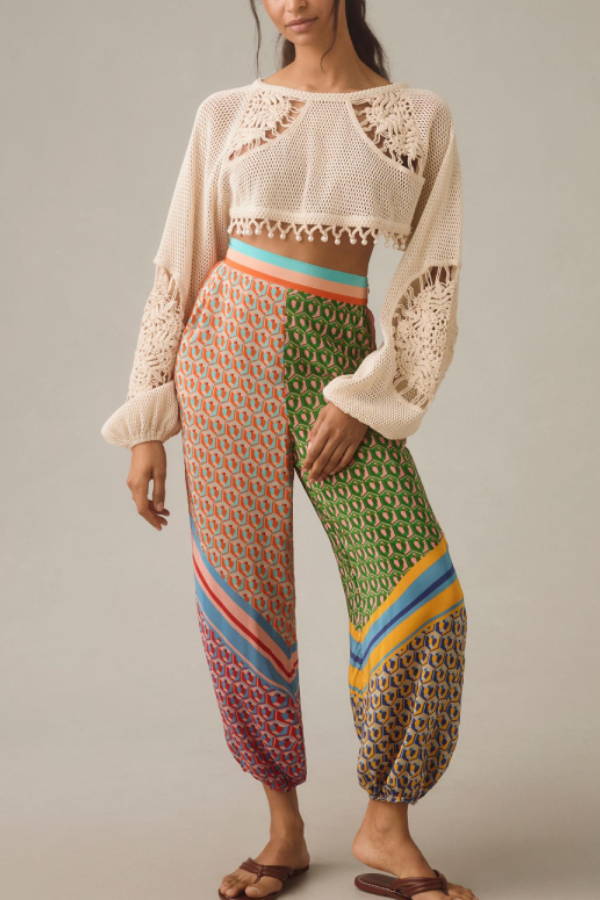 Brazil's Joyful Spirit Colorful Unique Print Elastic Waist Pocketed Loose Bloomer Pants Green