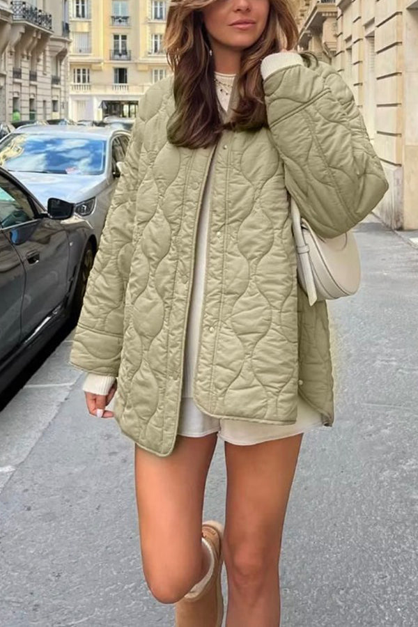 Stand-collar single-breasted mid-length loose cotton coat Green