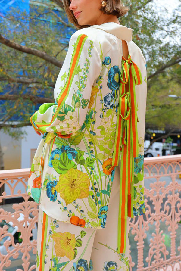 Antibes Satin Floral Print Back Tie-up Button Down Oversized Blouse Green