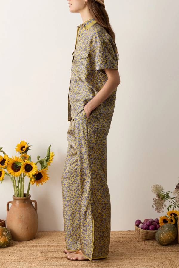 Vintage Floral Print Satin Shirt & Split Wide Leg Pants 2 Piece Vacation Set