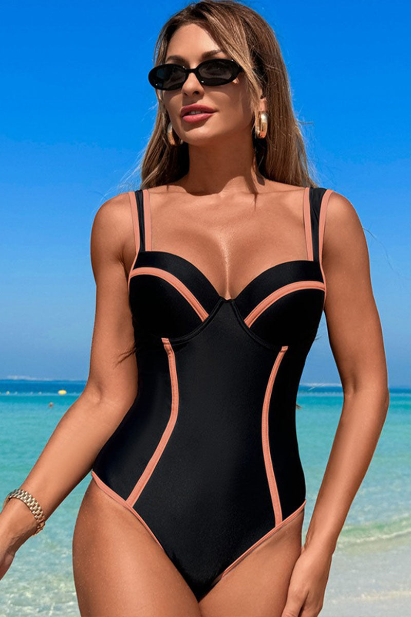 One-piece Patchwork Strap Swimsuit Black and pink