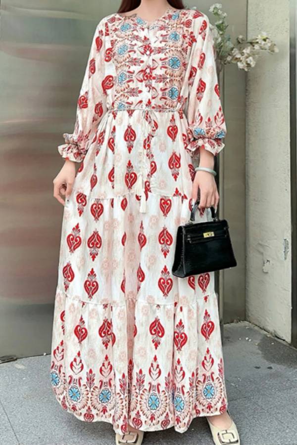 Printed lantern sleeves loose dress