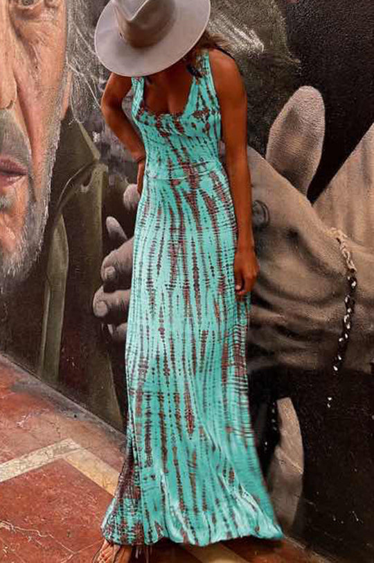 Modern Day Tie-dye Print Back Lace-up Stretch Maxi Dress Teal