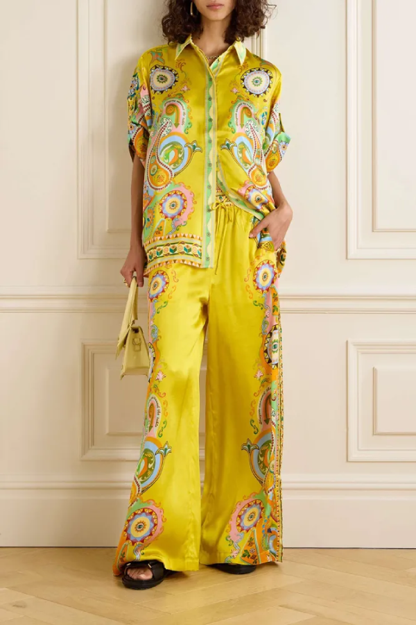 Unique Cashew FlowPrint Button Oversized Pants Set Yellow