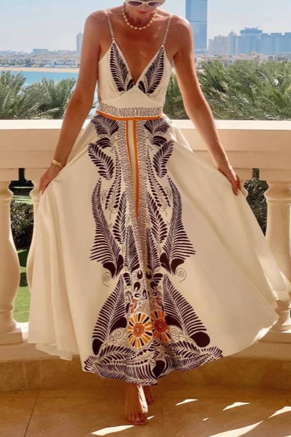 Tropical Palm Leaf Print V-Neck Tie Back Spaghetti Strap Maxi Vacation Dress