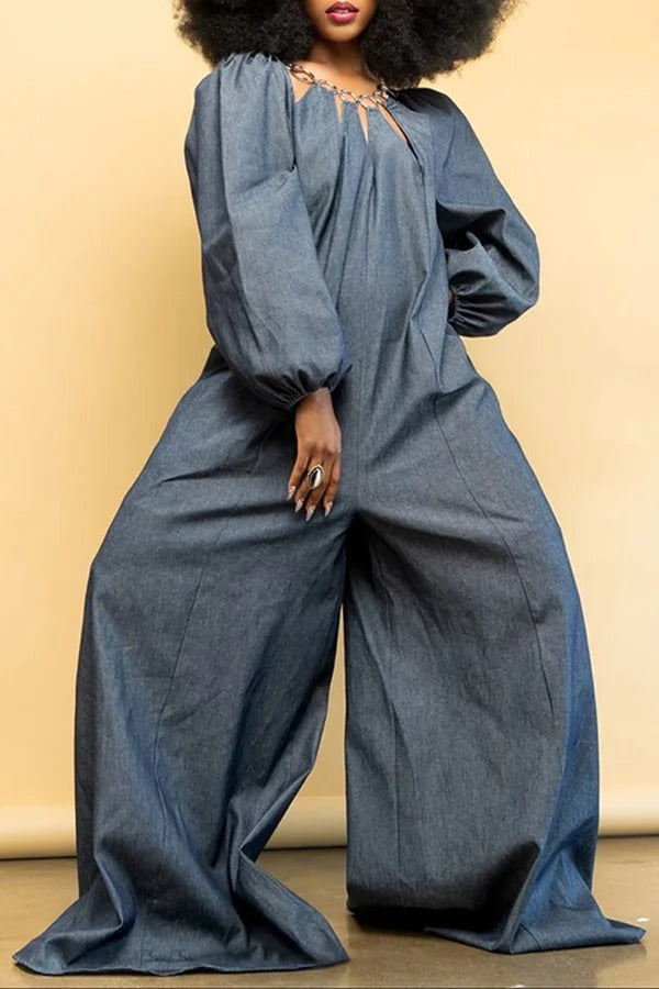 Casual Hollow Blue Denim Wide Leg Jumpsuit Blue