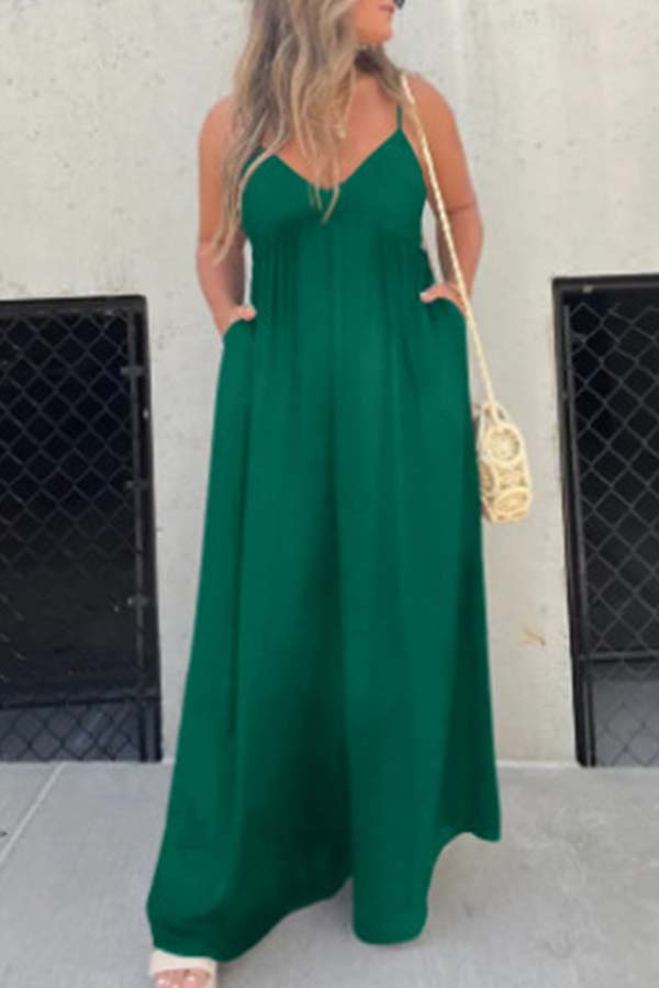 Effortless Back Tie-up Pocketed Wide Leg Cami Jumpsuit Green
