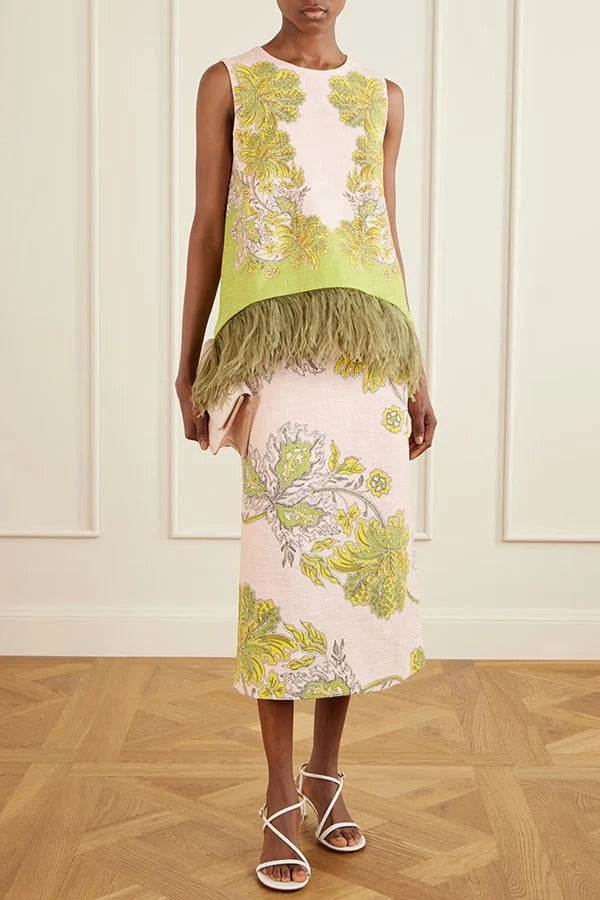 Unique Botanical Print Feather Trim Sleeveless Top and High Rise Slit Midi Skirt Set