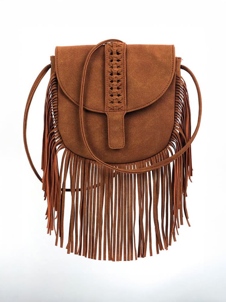 Women Semi Circular Leather Tassel Crossbody Bag Brown ONE SIZE