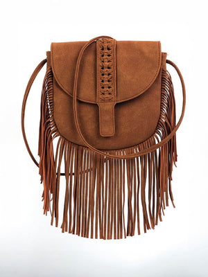 Women Semi Circular Leather Tassel Crossbody Bag Brown ONE SIZE