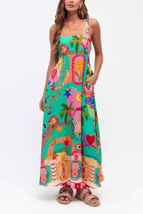 Tropical Graffiti Print Square-Neck Maxi Dress