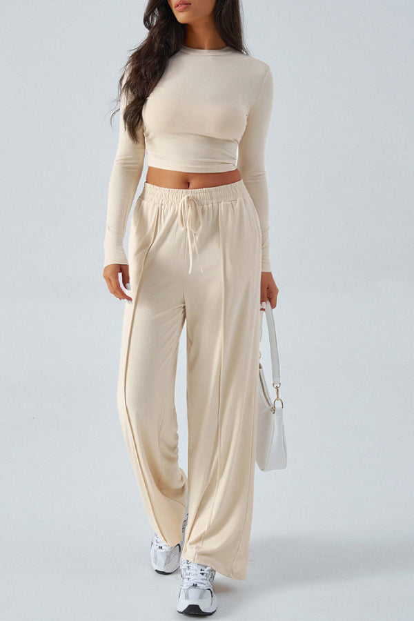 Temperament Knitted Round Neck Long Sleeve Two-piece Suit Beige