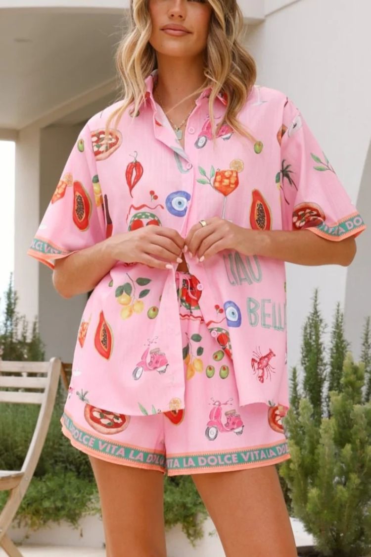 Linen Blend Unique Printed Short-sleeved Loose Shirt and Elastic Waist Drawstring Shorts Set Pink